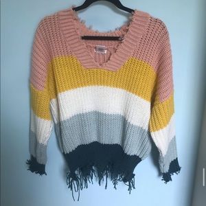 Multicolor stripe V-neck distressed style sweater